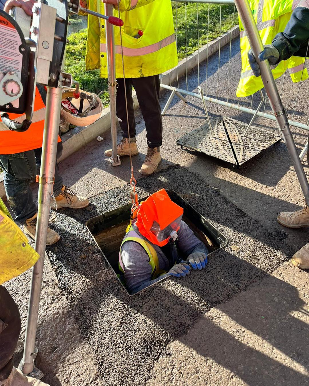 Streetworks and confined space entry training in progress on a Hampshire highway
